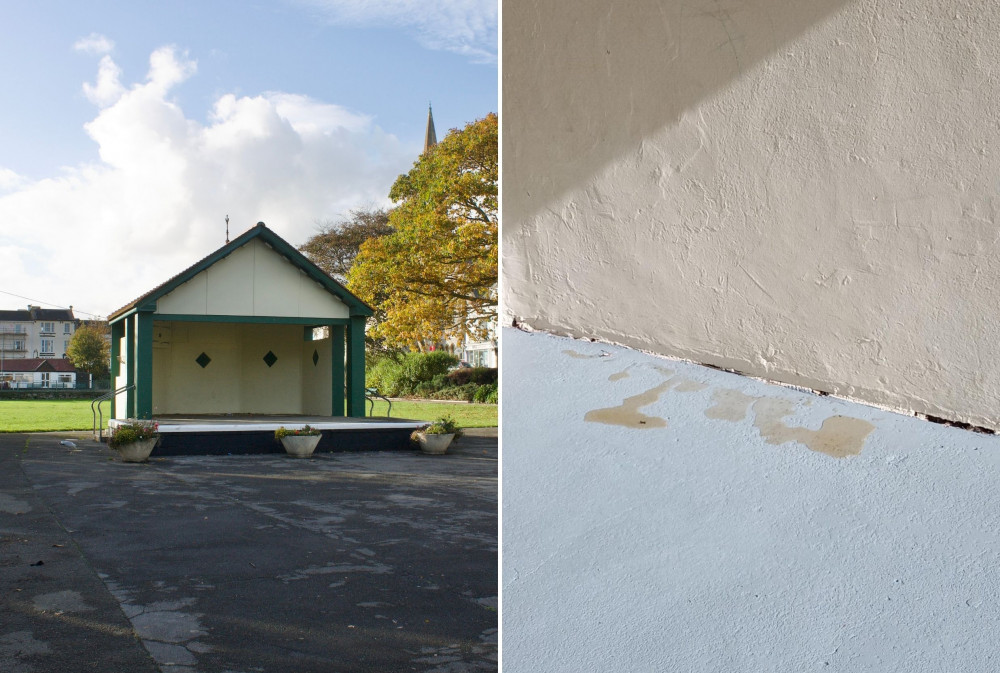 L: The bandstand on Dawlish Lawn (Nub News, Will Goddard). R: The grim discovery (Dawlish Town Council)