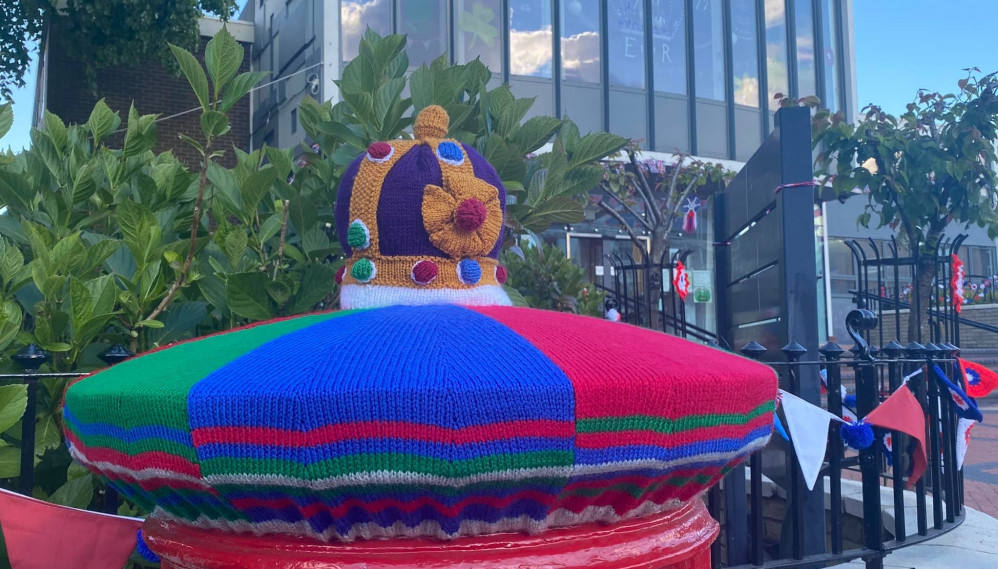 The outside of the town hall has been yarn bombed ahead of the weekend! Image credits: Biddulph Town Council.