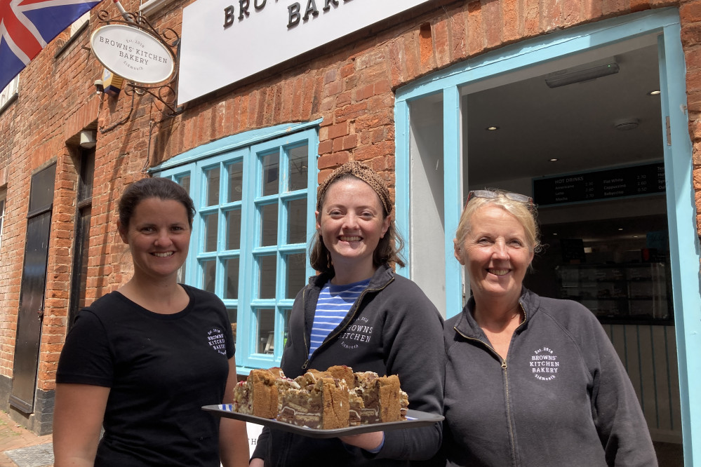 L to R: Sarah, Liv, and Louise outside Browns' Kitchen Bakery in Sidmouth (Nub News, Will Goddard)