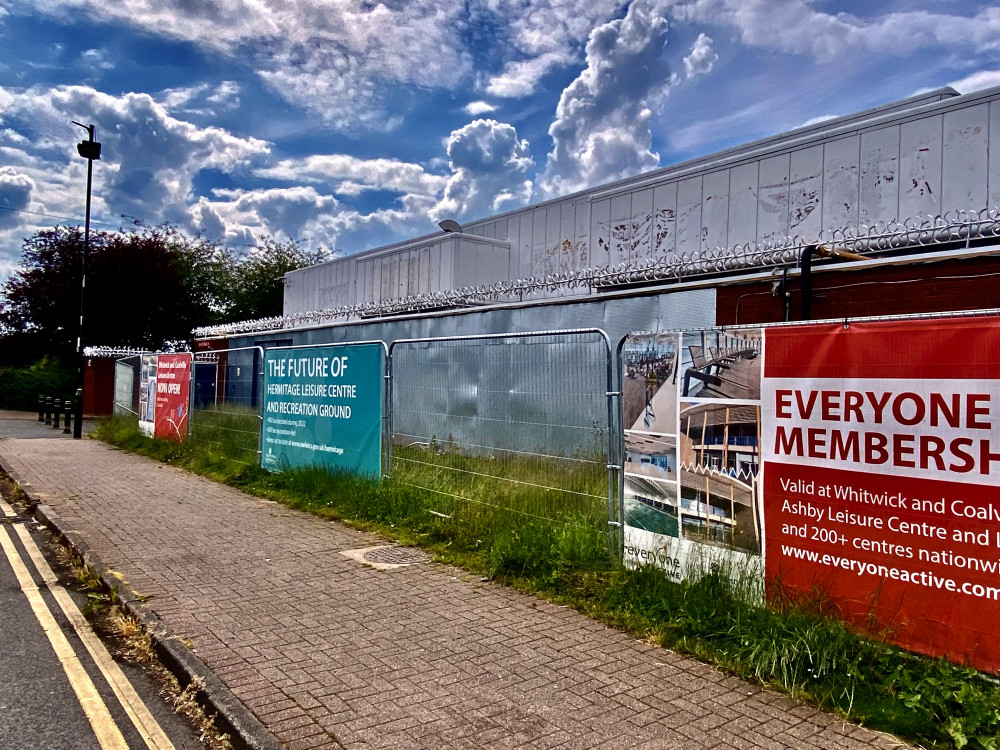 The former Hermitage Leisure Centre is now boarded up after closing in February. All Photos: Coalville Nub News