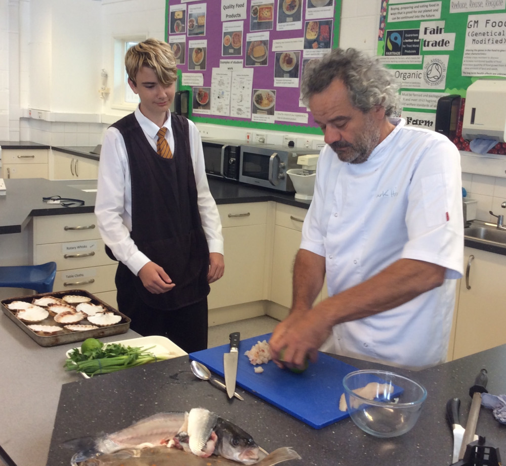 Mark Hix cooks with Year 10 students at the Sir John Colfox Academy