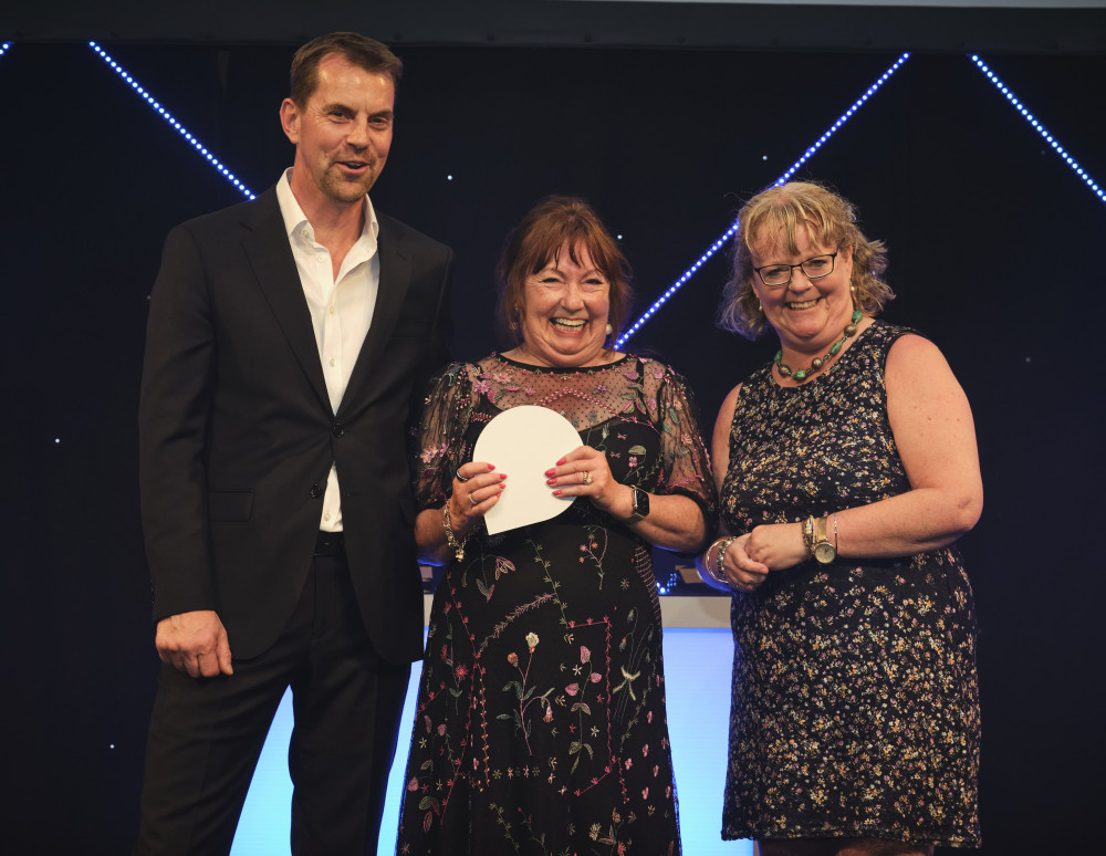 From left,  Rod Williams, CEO of Tes, Hilary Shergold and Professor Sam Twiselton OBE, director of Sheffield Institute of Education at Sheffield Hallam University, who presented Hilary with her award.