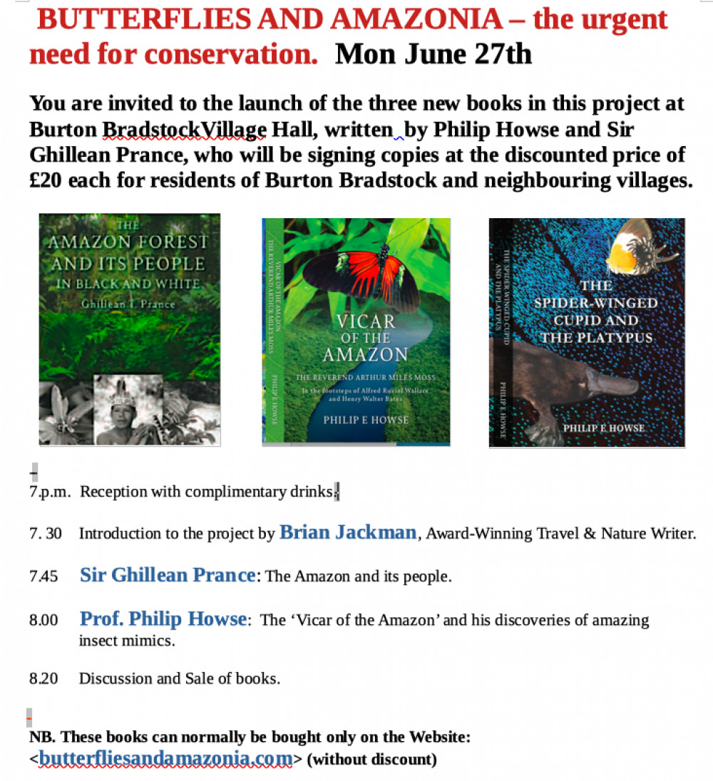 Three new books will be launched by The Butterflies and Amazonia Project in Burton Bradstock 