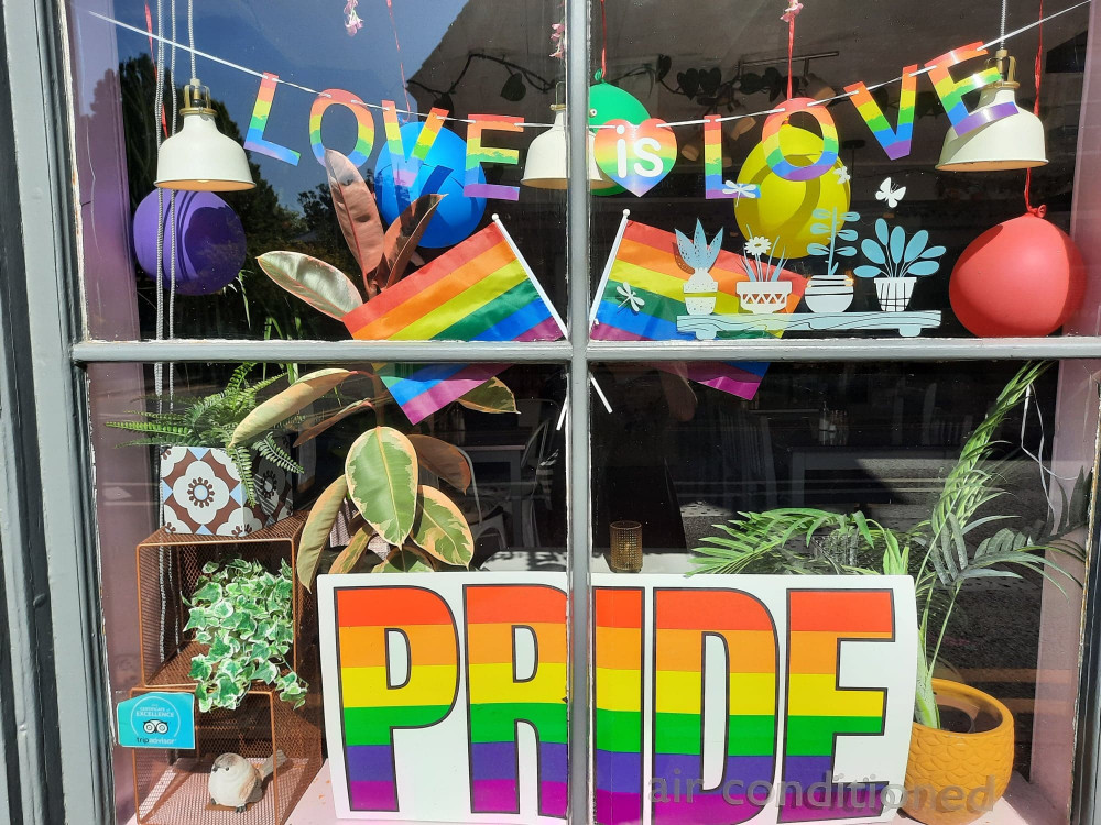 The window display celebrating Oakham Pride 