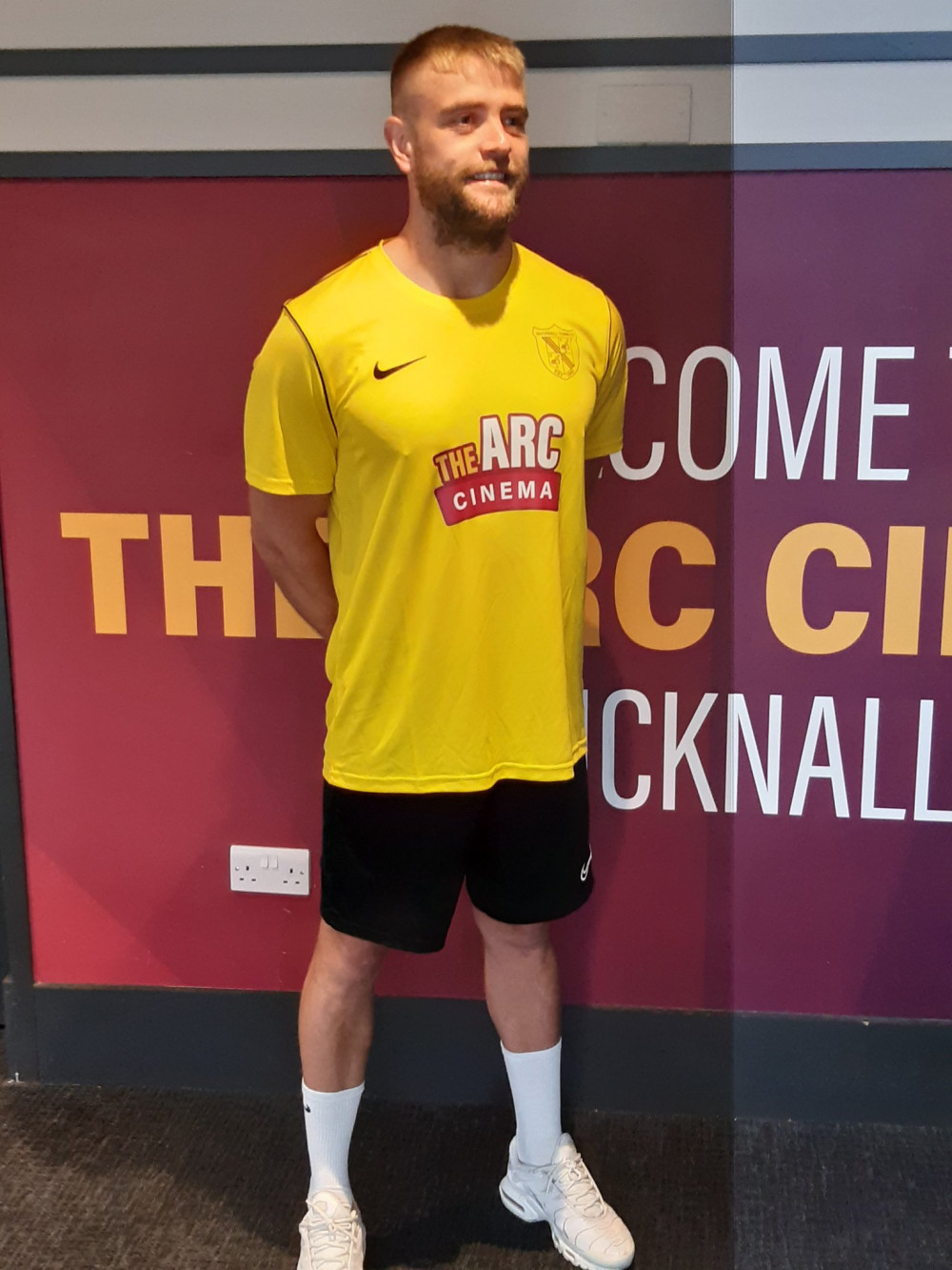 The Arc Cinema has renewed its sponsorship deal with Hucknall Town to once again be the first team’s shirt sponsors. Club captain Aaron Short (pictured) in the new kit. Photo Credit: Andy Bevins.