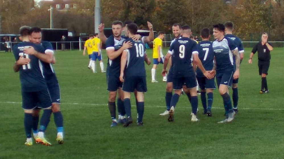 Hadleigh celebrate Max Dinnell's goal with a Mason Ransome assist