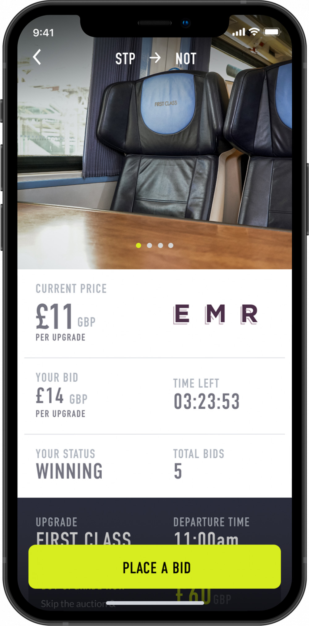 East Midlands Railway (EMR) has partnered with Seatfrog to allow Standard Class Ticket customers to bid for an upgrade to First Class - starting from just £10. Image courtesy of EMR.