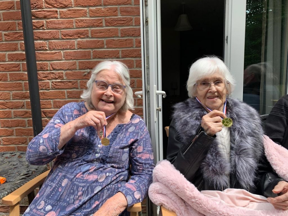 Cheriton Care Home residents Madeleane Nock and Phylis Holder celebrate sports day