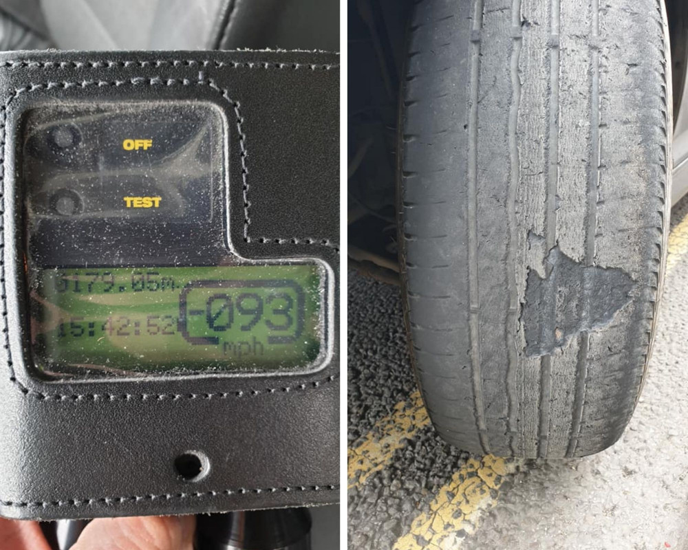 Dorset Traffic Cop stopped the driver of a vehicle, which had large patches of tree missing on its tyres, and a speeding motorcyclist (Images: Dorset Traffic Cops)