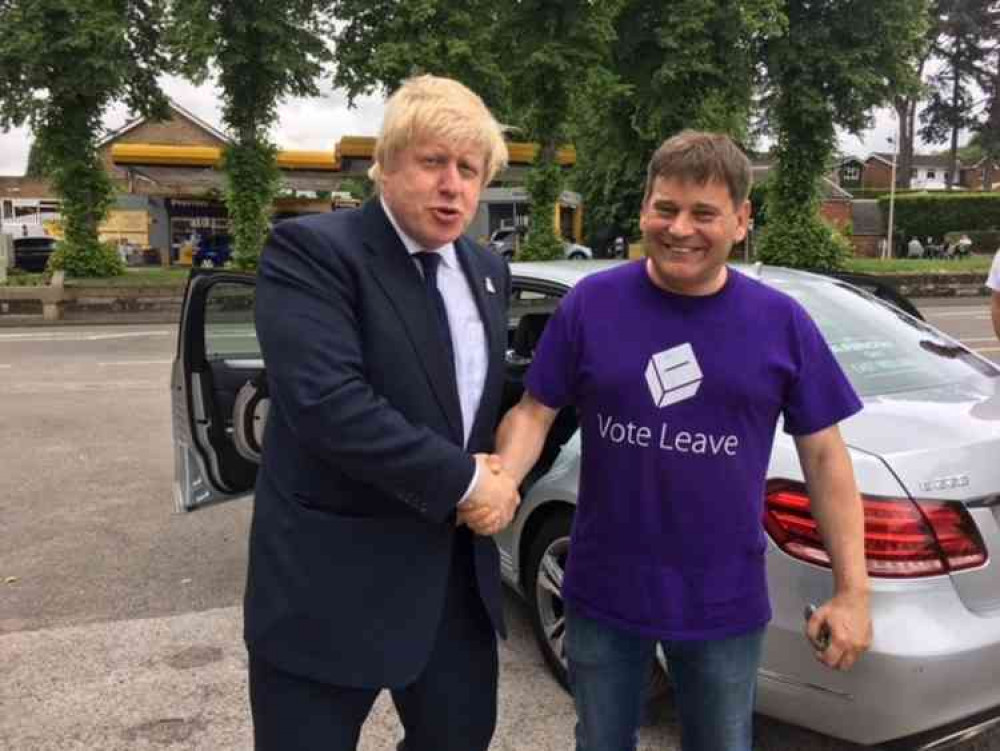 Happier times for Andrew Bridgen and Boris Johnson in the Royal Hotel car park in Ashby during the 2016 'Leave' campaign. Photo: Andrew Bridgen