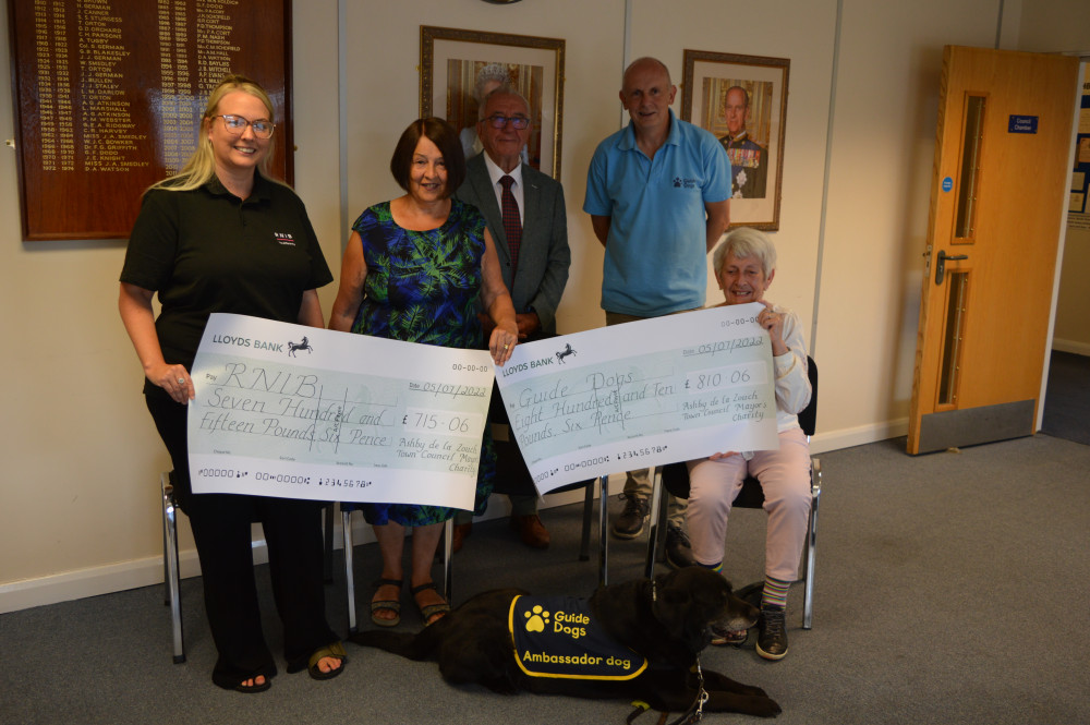 Pictured left to right are:: Hannah Meisuria from RNIB, Councillor Rita Manning, Mr Glyn Manning, Steve Winter from Guide Dogs, Ann Parsons, a guide dog owner along with her Guide Dog, Poppy.