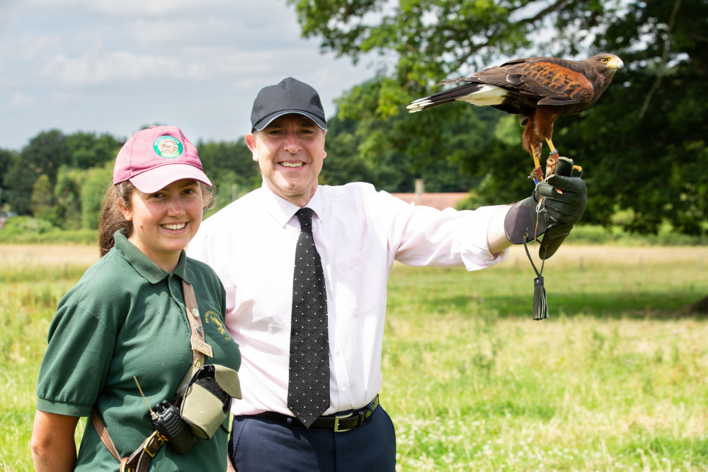 Metro Mayor Dan Norris during his visit to West of England Falconry with Director Naomi Johns