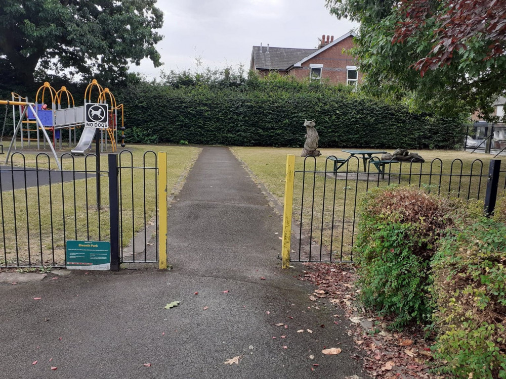 Elworth Park with the missing gate which has been take away to be repaired.  