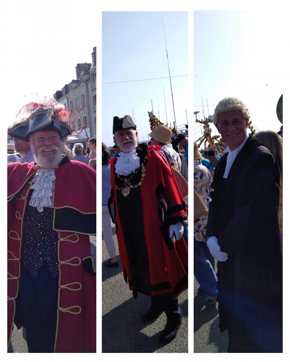 Town crier John Collingwood, Bridport mayor Ian Bark and town clerk Will Austin