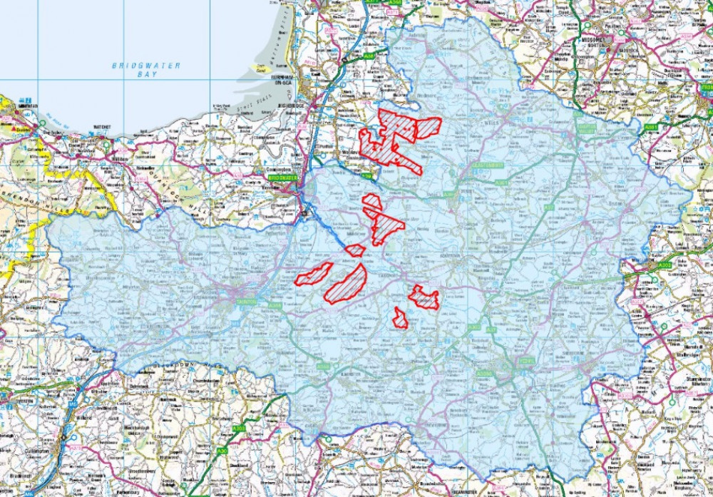 The Somerset Levels And Moors Ramsar Site (Red) And The Affected Catchment Areas In Somerset (Blue) Somerset West And Taunton Council 270722