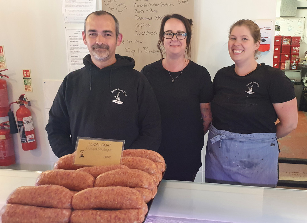 Butcher Simon, his wife and colleague Sam and Combe Farm Shop manager, Joanna Marker