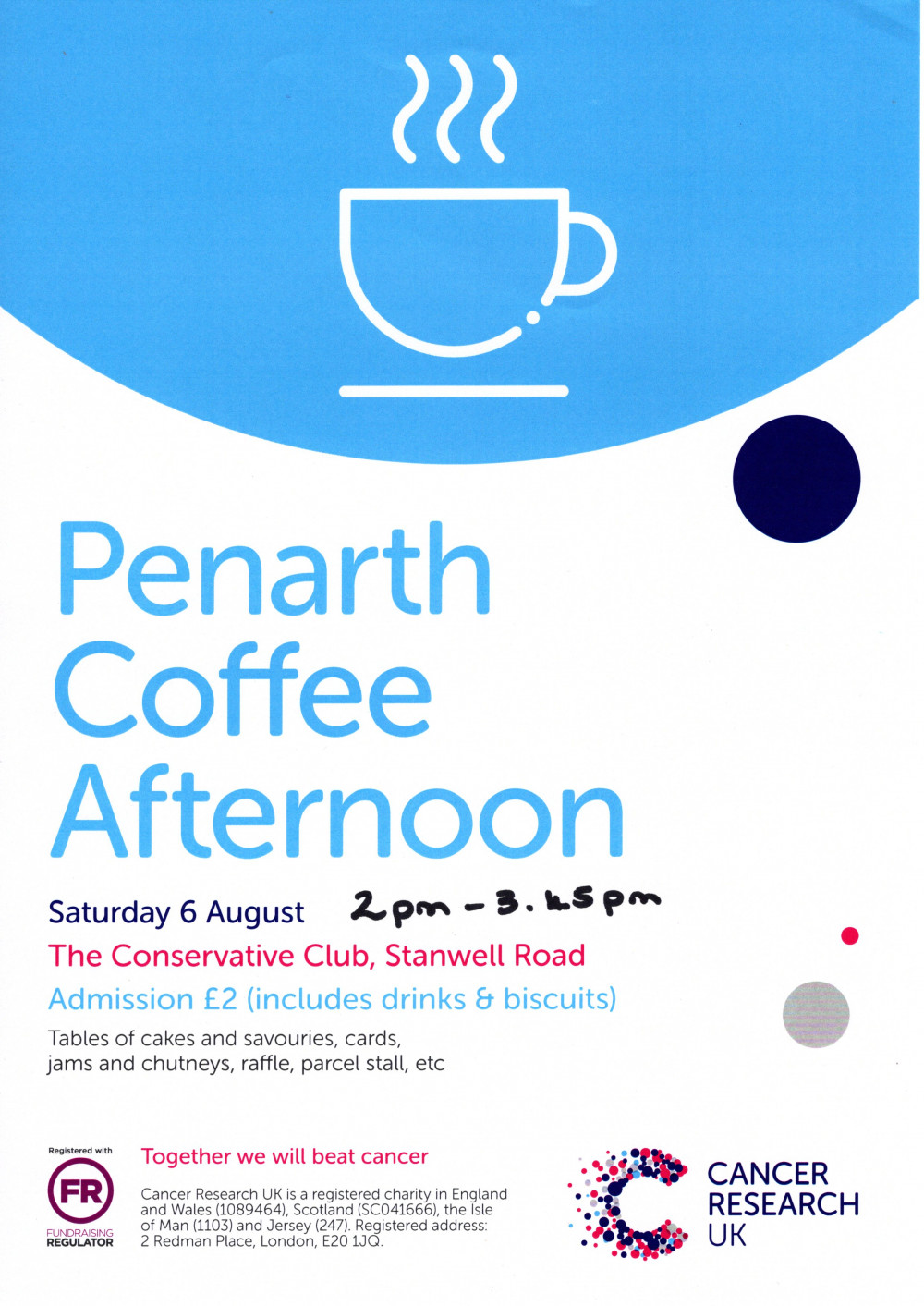 Coffee Afternoon on August 6 raising funds for Cancer Research U.K. 