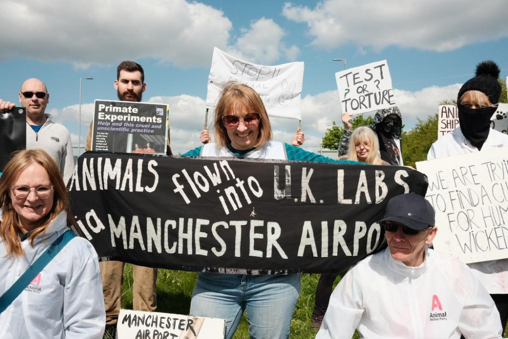 Jane (front left) at a previous protest at Manchester Airport  