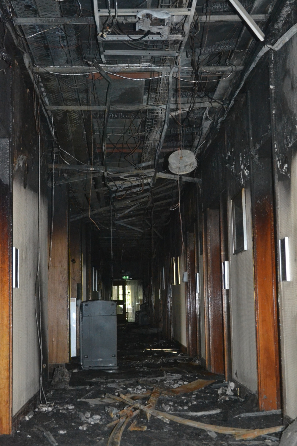 The fire damage inside County Hall. Photo Credit: NFRS.