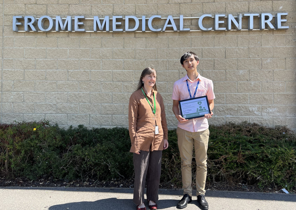 Dr Helen KIngston of Frome Medical Practice and visiting aspiring medic, Jun Hao Chen Dr Helen KIngston of Frome Medical Practice and visiting aspiring medic, Jun Hao Chen