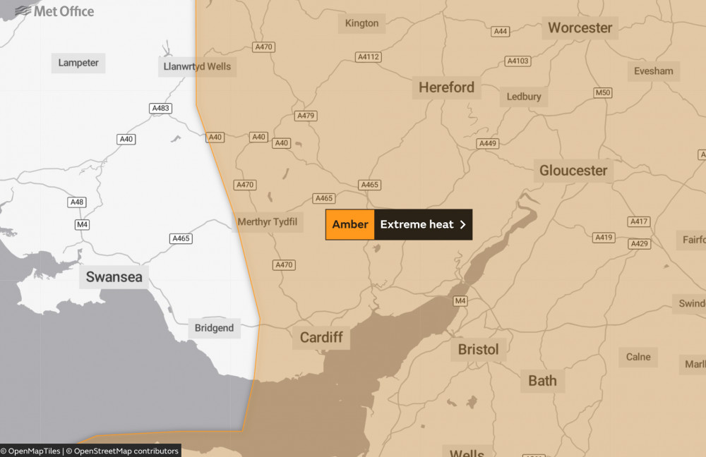 Temperatures are still predicted to hit the low 30s Celsius in parts of South Wales. (Image credit: OpenMapTiles - Met Office)