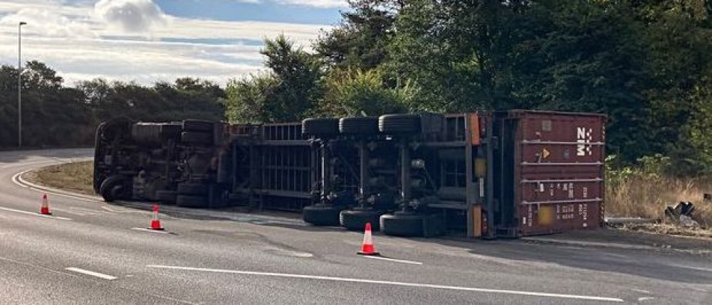 Overturned lorry near Dock Spur roundabout (Picture credit: Suffolk Roads and Armed Response team)