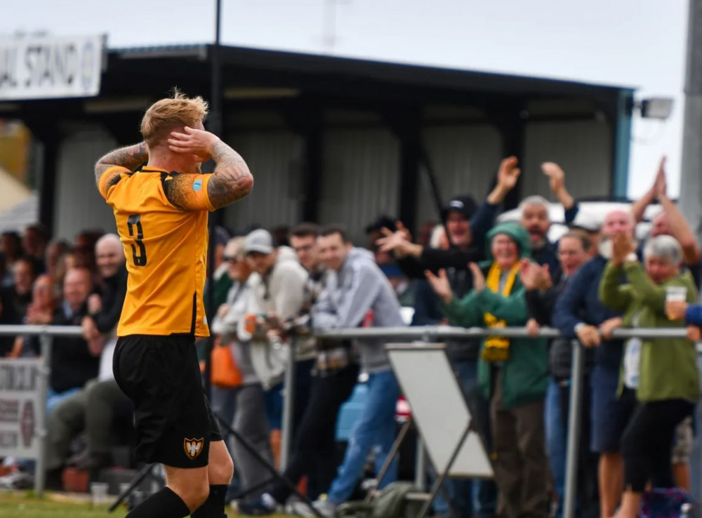 Tom Moxham celebrates after scoring for Falmouth. Matt Friday/Cornwall Sports Media.