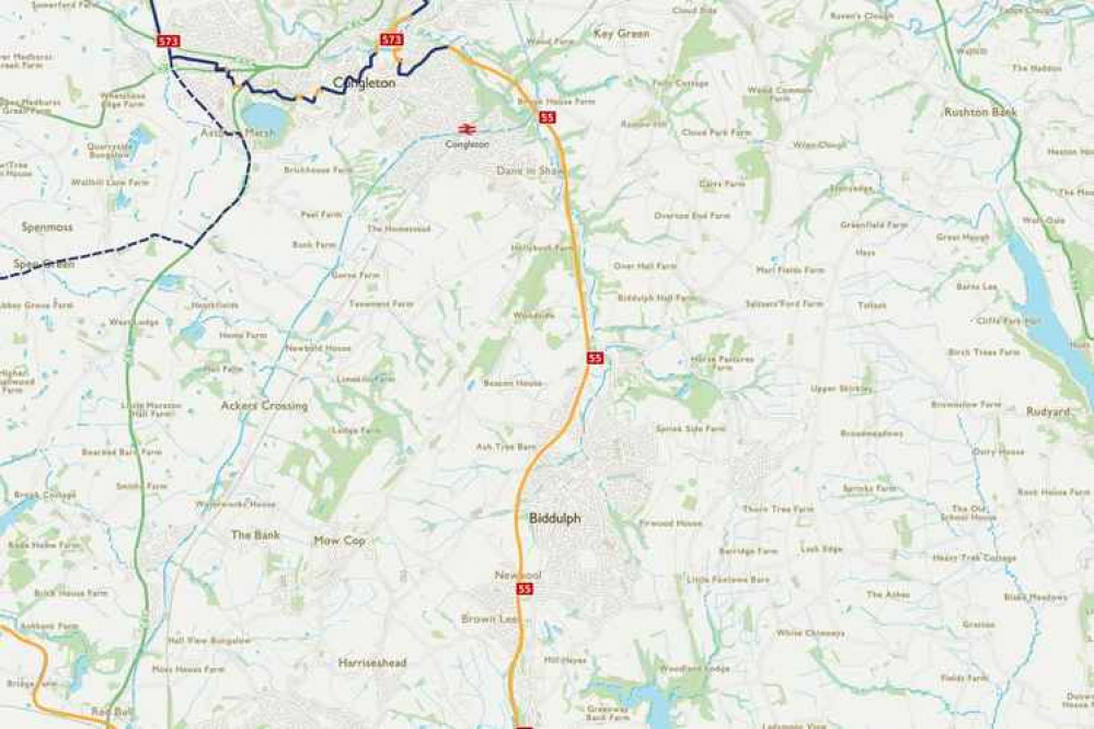 The Biddulph Valley Way is also known as Route 55. Image credit: OSMaps