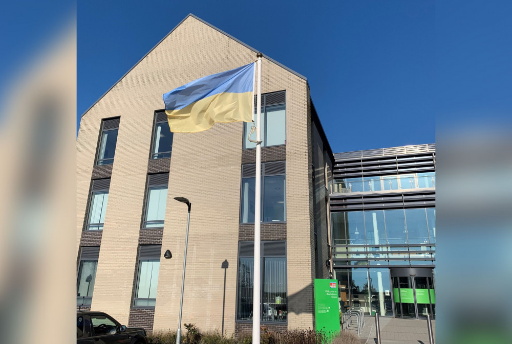 Ukrainian flag at EDDC offices, Honiton (EDDC)