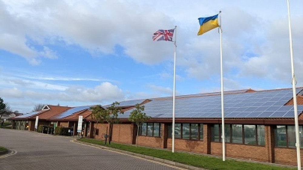 More than 800 Ukrainian refugees have arrived in Nottinghamshire since the Russian invasion began six months ago. Pictured: A Ukrainian flag is being flown at Mansfield's Civic Centre. Credit: Mansfield District Council.