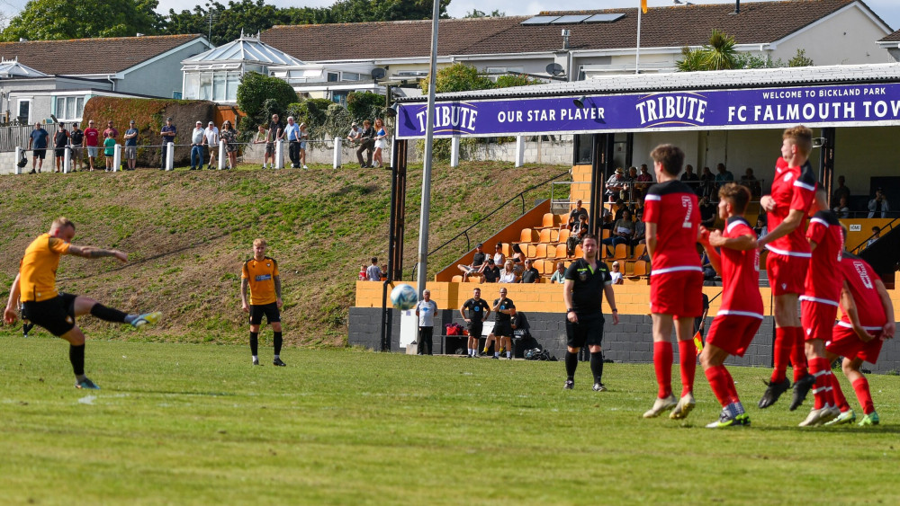 Annear smashes a free kick in for Falmouth.