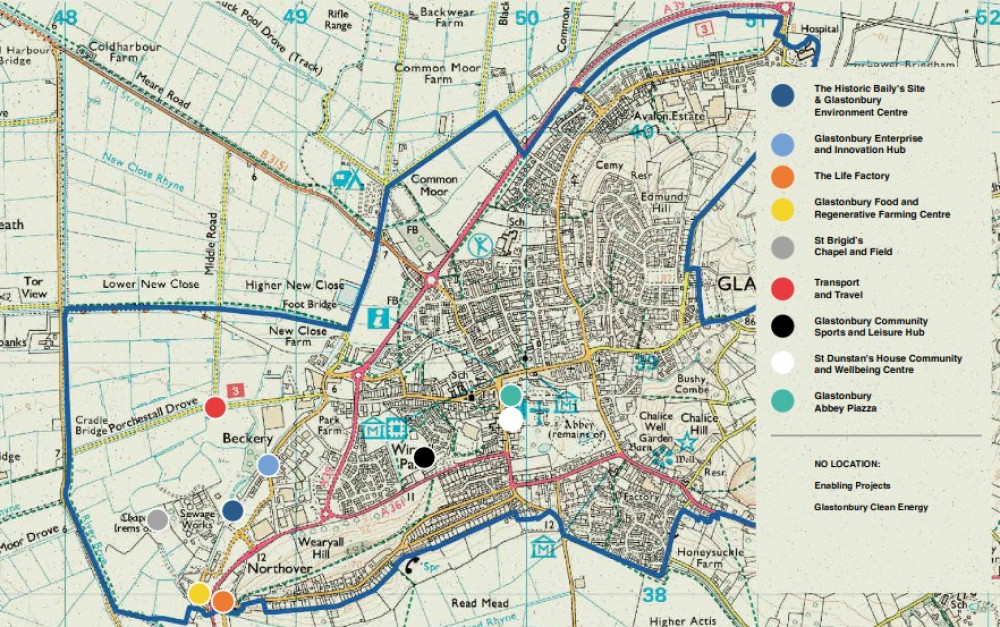 Map Showing The Location Of The Glastonbury Towns Fund Projects. CREDIT: Mendip District Council.