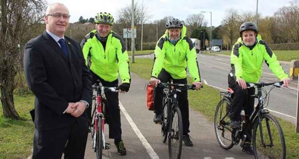 Photo caption: Cllr David Williams with Bikeability instructors and cyclists, Keith Powell, Trevor Craven and Rosie Hunt. Photo caption: Cllr David Williams with Bikeability instructors and cyclists, Keith Powell, Trevor Craven and Rosie Hunt.