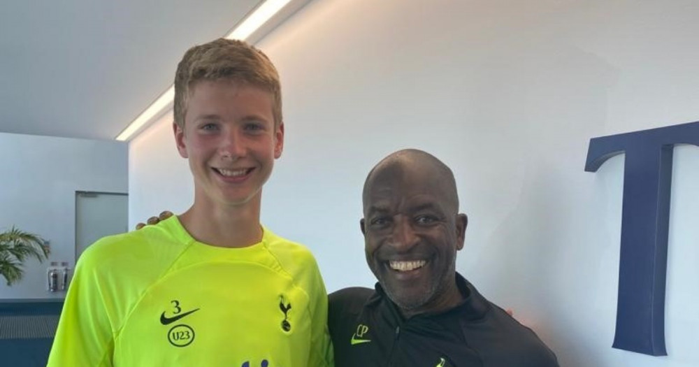 Millfield Upper Sixth student Charlie Binns with Tottenham Hotspur’s Head of Academy  coaching Chris Powell at their training ground. 