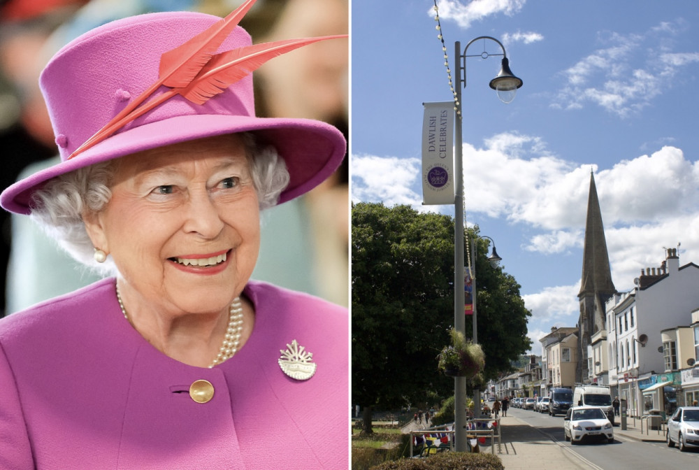 L: Queen Elizabeth II (By Original: Joel Rouse/ Ministry of Defence, OGL 3, https://commons.wikimedia.org/w/index.php?curid=65165563). R: The Strand, Dawlish during the Platinum Jubilee (Nub News/ Will Goddard)