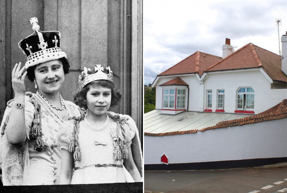 L: Queen Elizabeth (the Queen Mother) with Princess Elizabeth on the balcony of Buckingham Palace, after the coronation of King George VI. R: Weech House, Dawlish (Nub News/ Will Goddard)