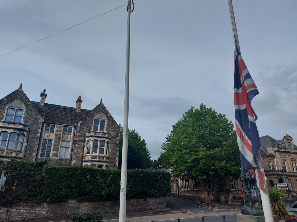 The flag was lowered then raised and then lowered at the Memorial Theatre