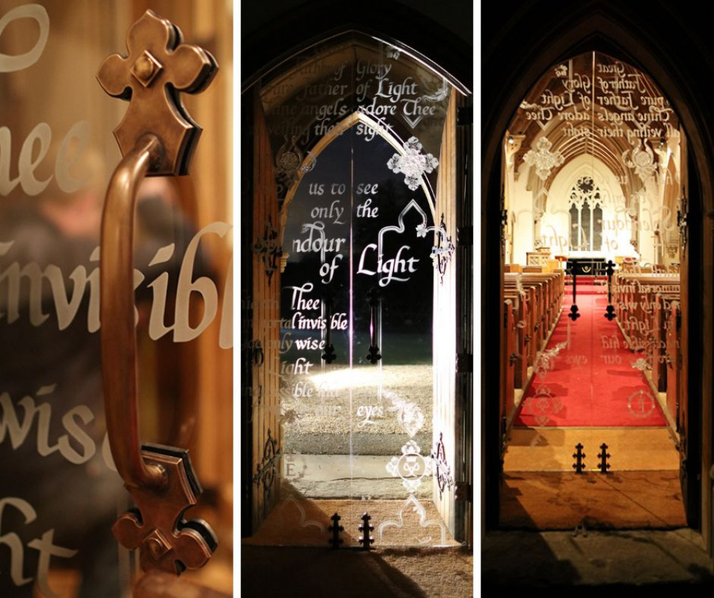 The decorative glass doors for the Royal Chapel, Windsor Great Park, designed by Holy Well Glass. Images: Holy Well Glass