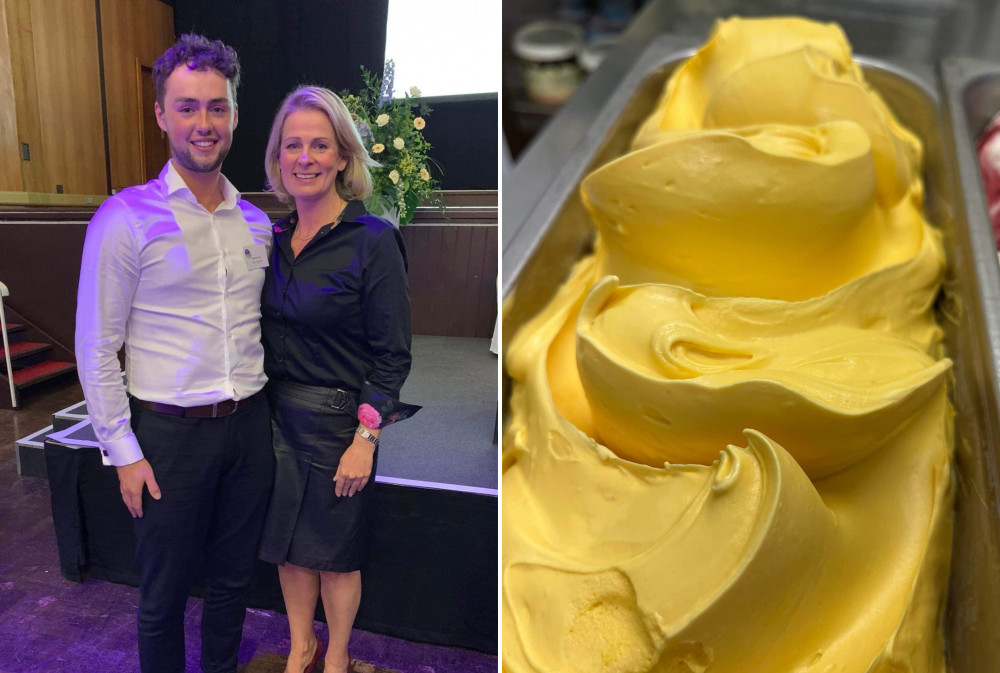 L: Thomas Vicary with BBC Spotlight's Victoria Graham at awards ceremony. R: The winning flavour, Frozen Mango Yoghurt (Taste of Sidmouth)