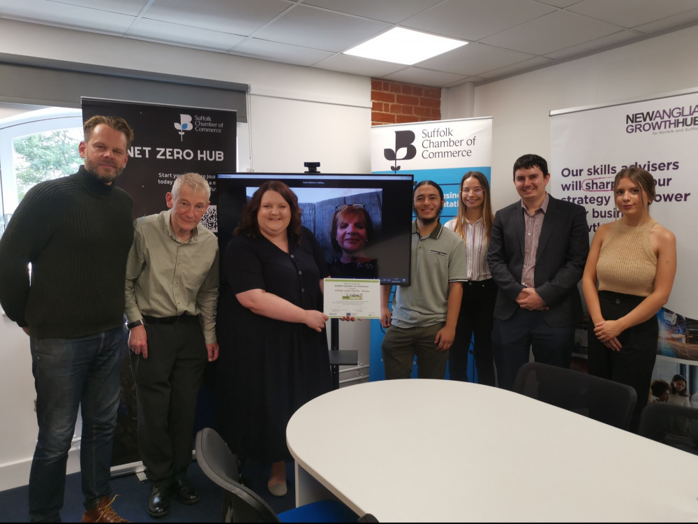 Suffolk Chamber’s Road to Net Zero group L to R: Tim Robinson, Toby Warren, Emma Alderton, Julia Hale (on screen), Muhammod Miah, Cristina Alexandrov, Jamie Bird and Jess Winlow (Picture credit: Suffolk Chamber of Commerce) Suffolk Chamber’s Road to Net Zero group L to R: Tim Robinson, Toby Warren, Emma Alderton, Julia Hale (on screen), Muhammod Miah, Cristina Alexandrov, Jamie Bird and Jess Winlow (Picture credit: Suffolk Chamber of Commerce)