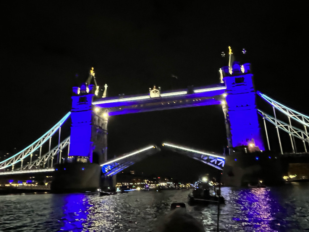 Tower Bridge lights up as part of the celebrations. Shared by Bridport Gig Rowing Club.