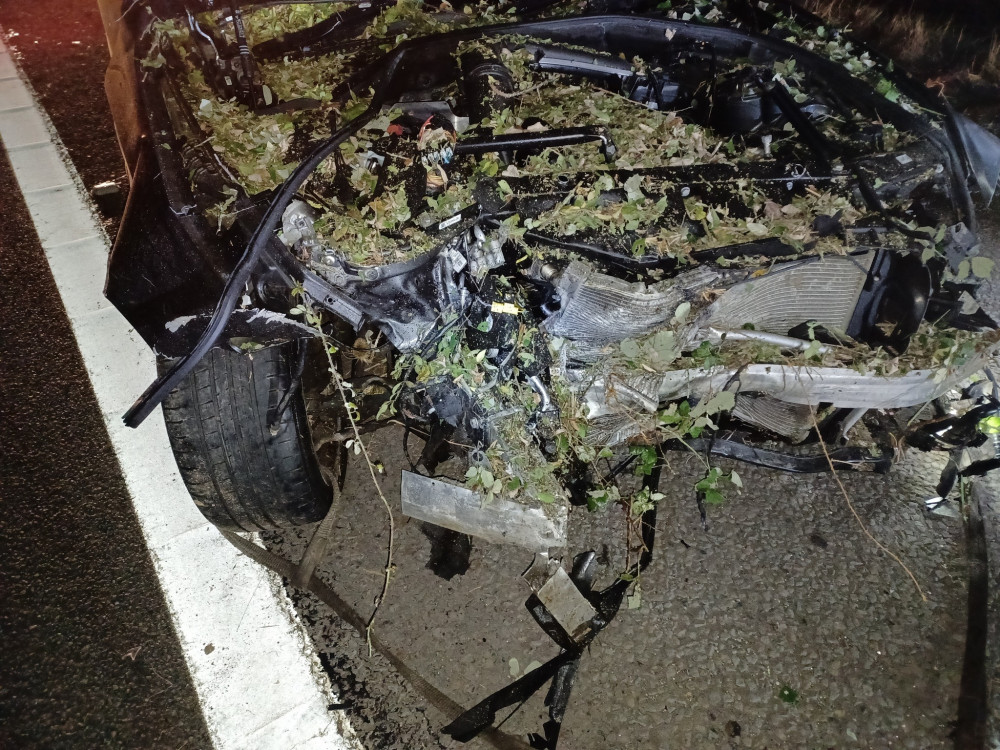 The car ended up in the bushes along the side of the M40 after hitting the central barrier (image via Warwickshire OPU)