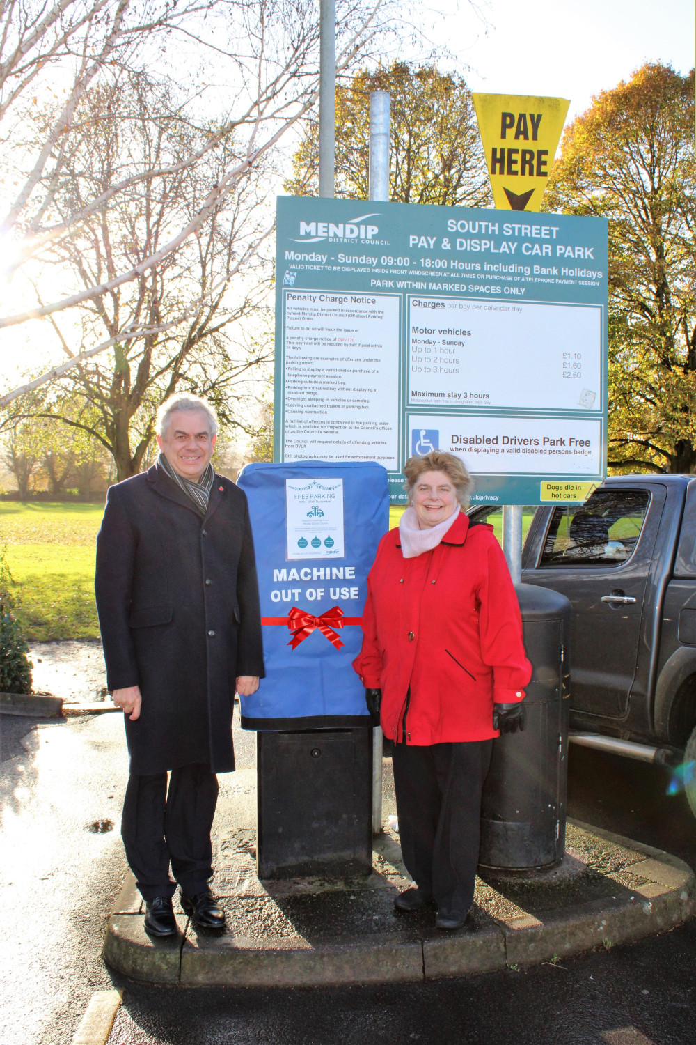 Free festive parking with Cllr Simon Carswell and Leader, Cllr Ros Wyke, at South Street Car Park, Wells, in 2021 Free festive parking with Cllr Simon Carswell and Leader, Cllr Ros Wyke, at South Street Car Park, Wells, in 2021