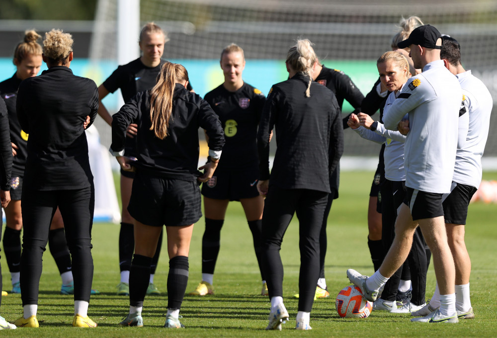 Sarina Wiegman overseeing England's final preparations prior to tomorrow night's friendly against USA (Image: Nicholas Dillon). 