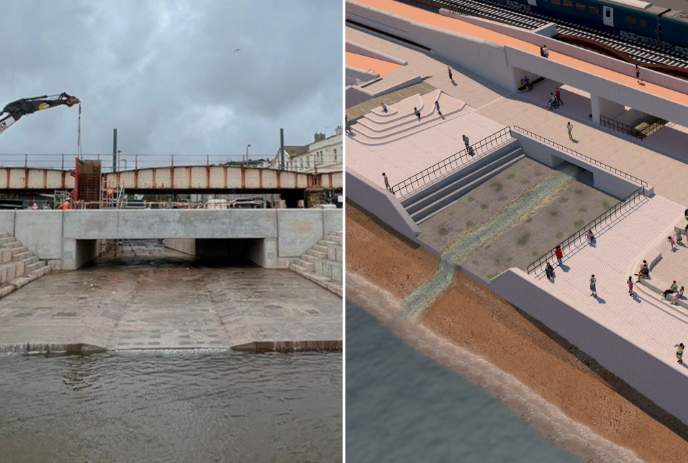 L: Dawlish Water back to original course, flowing out to sea. R: CGI mock-up of the completed link bridge and channel (Network Rail)