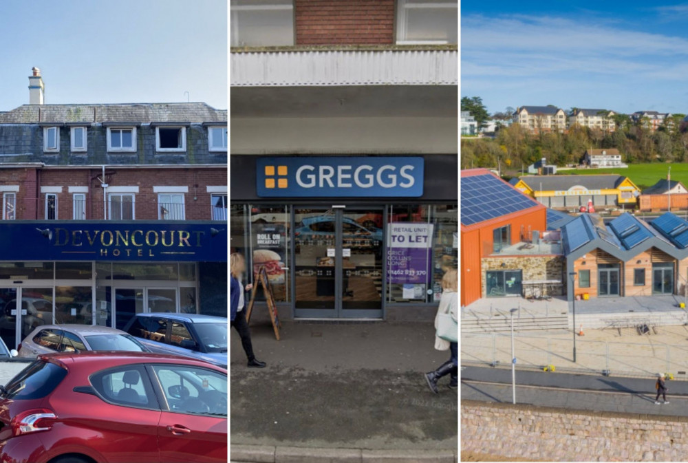 L: Devoncourt Resort & Apartments on Douglas Avenue, Exmouth (Nub News/ Will Goddard) M: A Greggs bakery 44 The Parade, Exmouth (Google Maps) R: Sideshore, Exmouth (Grenadier/ LDRS)