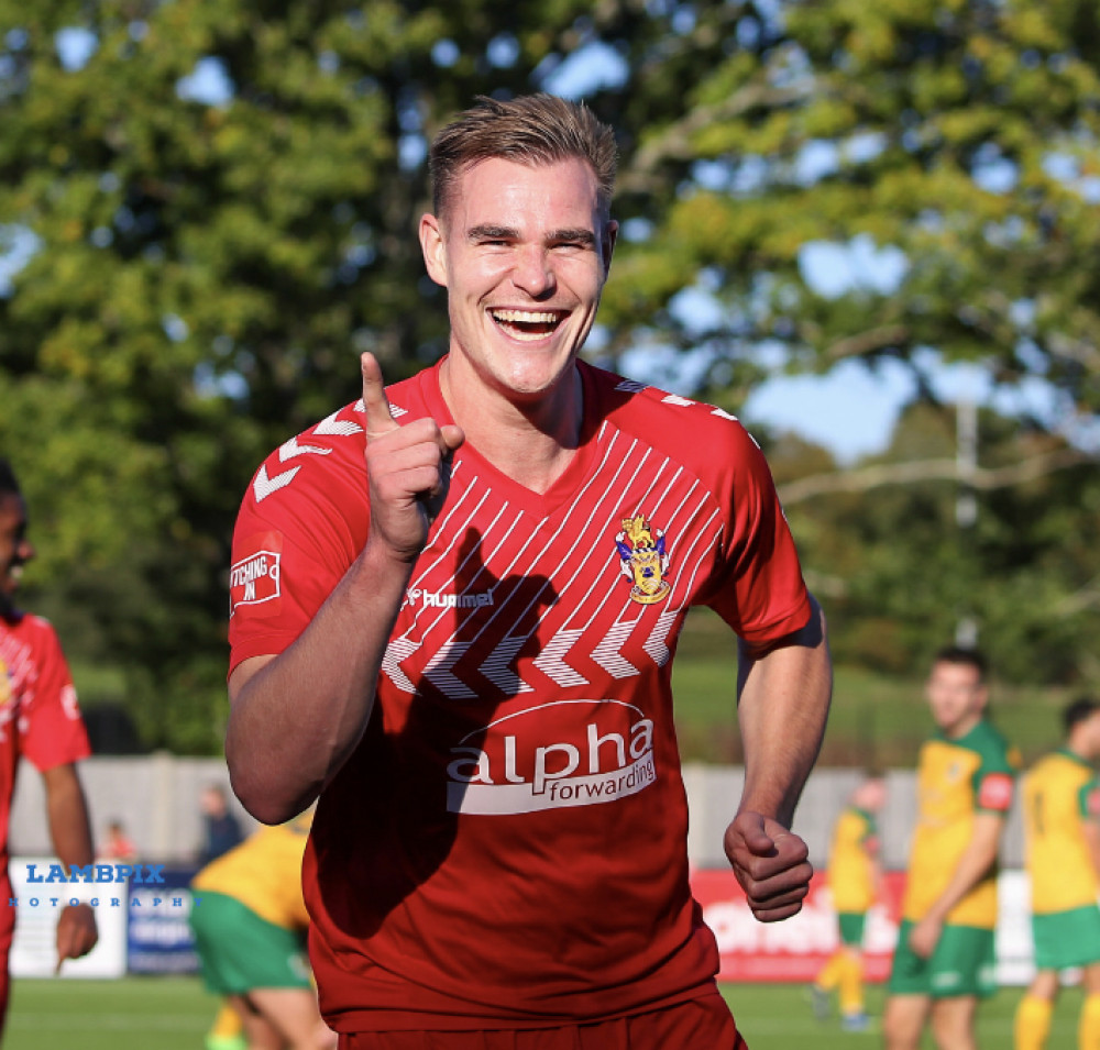 Harry Gibbs celebrates his goal at Horsham. Picture by Lambpix.  