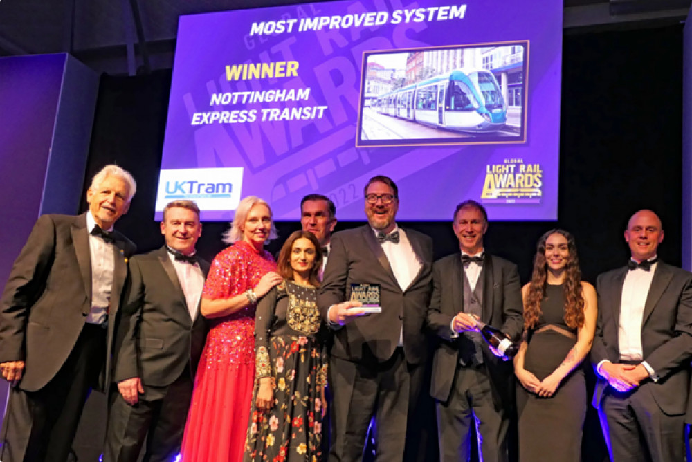 Nottingham’s tram network, which runs services to and from Hucknall, has scooped one of the top accolades at the annual light rail ‘Oscars’.  Photo courtesy of NET.