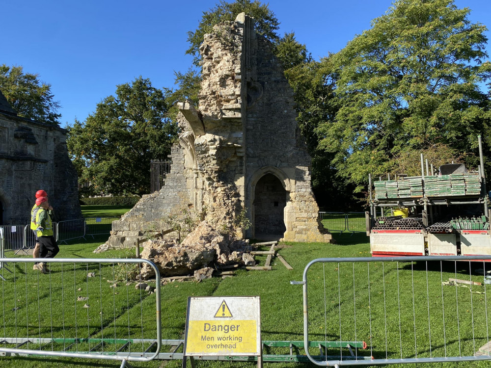 The fallen part of the structure is now fenced off at Glastonbury Abbey