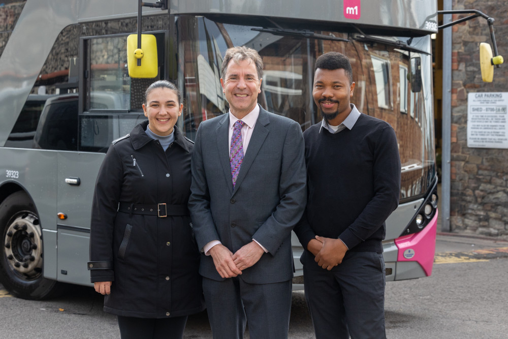 Metro Mayor Dan Norris with new driver recruits Giusy Caternicchia and Kai Foday Metro Mayor Dan Norris with new driver recruits Giusy Caternicchia and Kai Foday